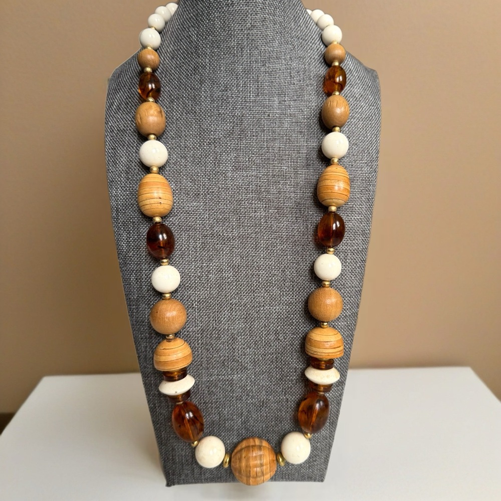 Vintage White Amber Wood Chunky Beaded Long Statement Necklace Boho Festival